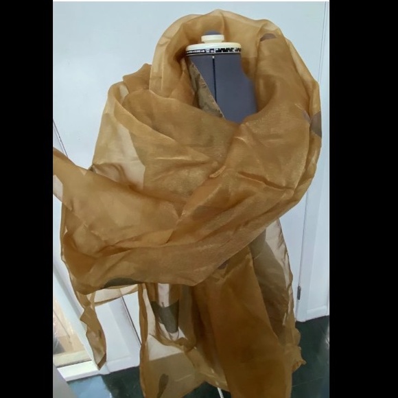 Vtg 1990s SPARKLY GOLD ORGANZA SHEER SCARF WRAP LEAF PRINTS 3m DESIGNER FABRIC - Picture 3 of 7